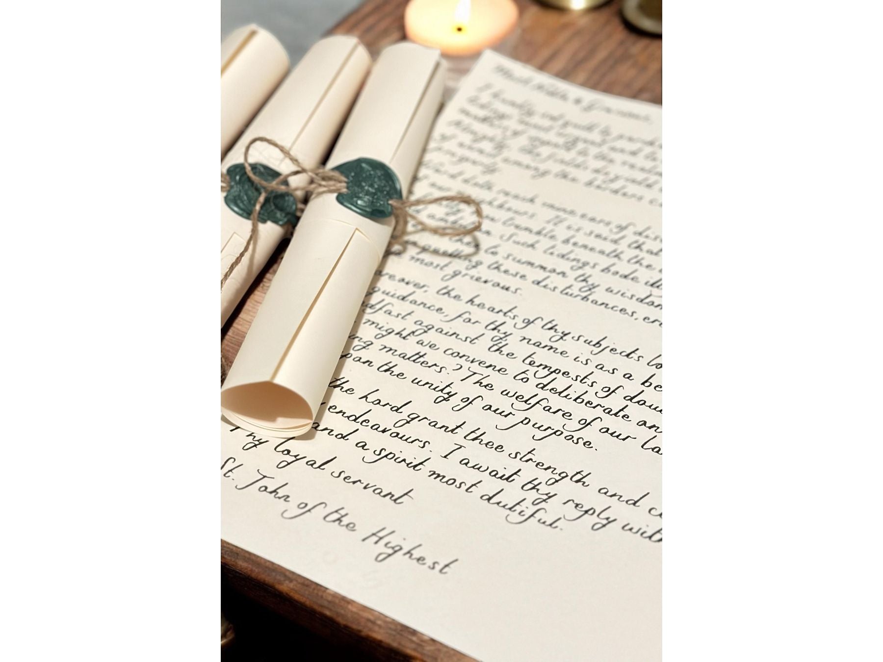 Handwritten Vintage Scroll with Twine and Green Wax Seal