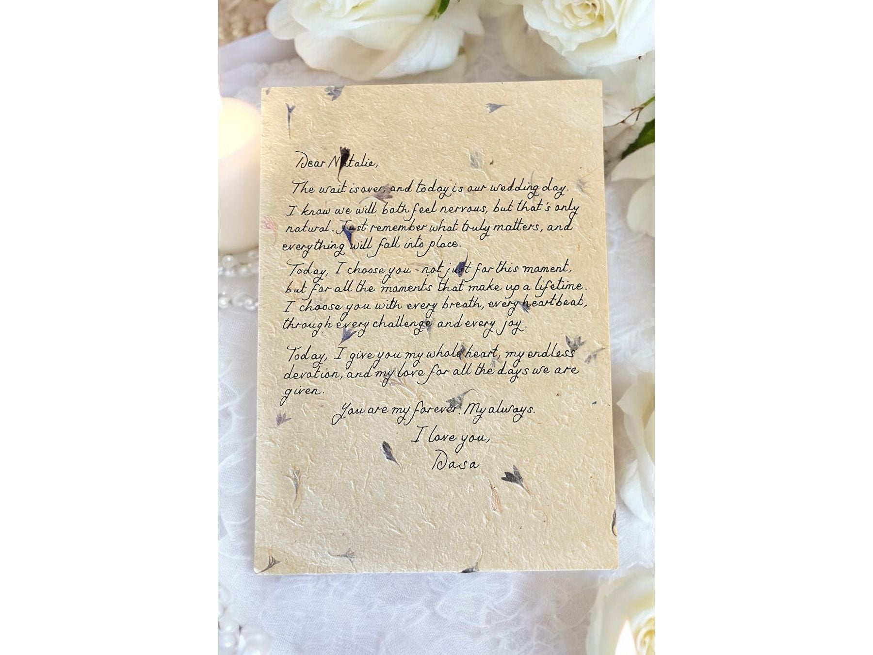 Handwritten Flower Letter A4 with Purple Wax Seal