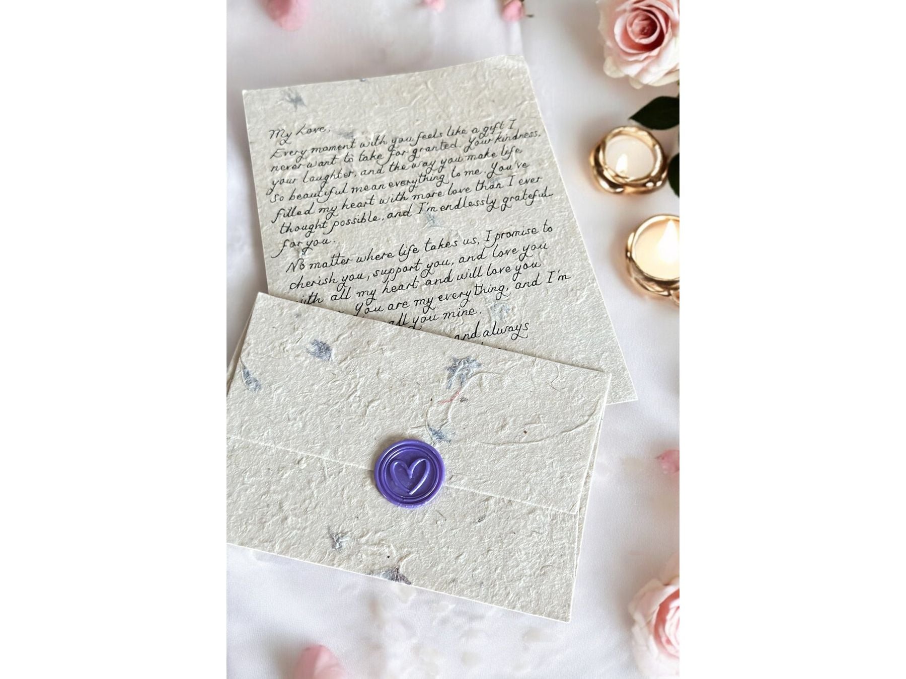 Handwritten A5 Flower Letter with Purple Wax Seal