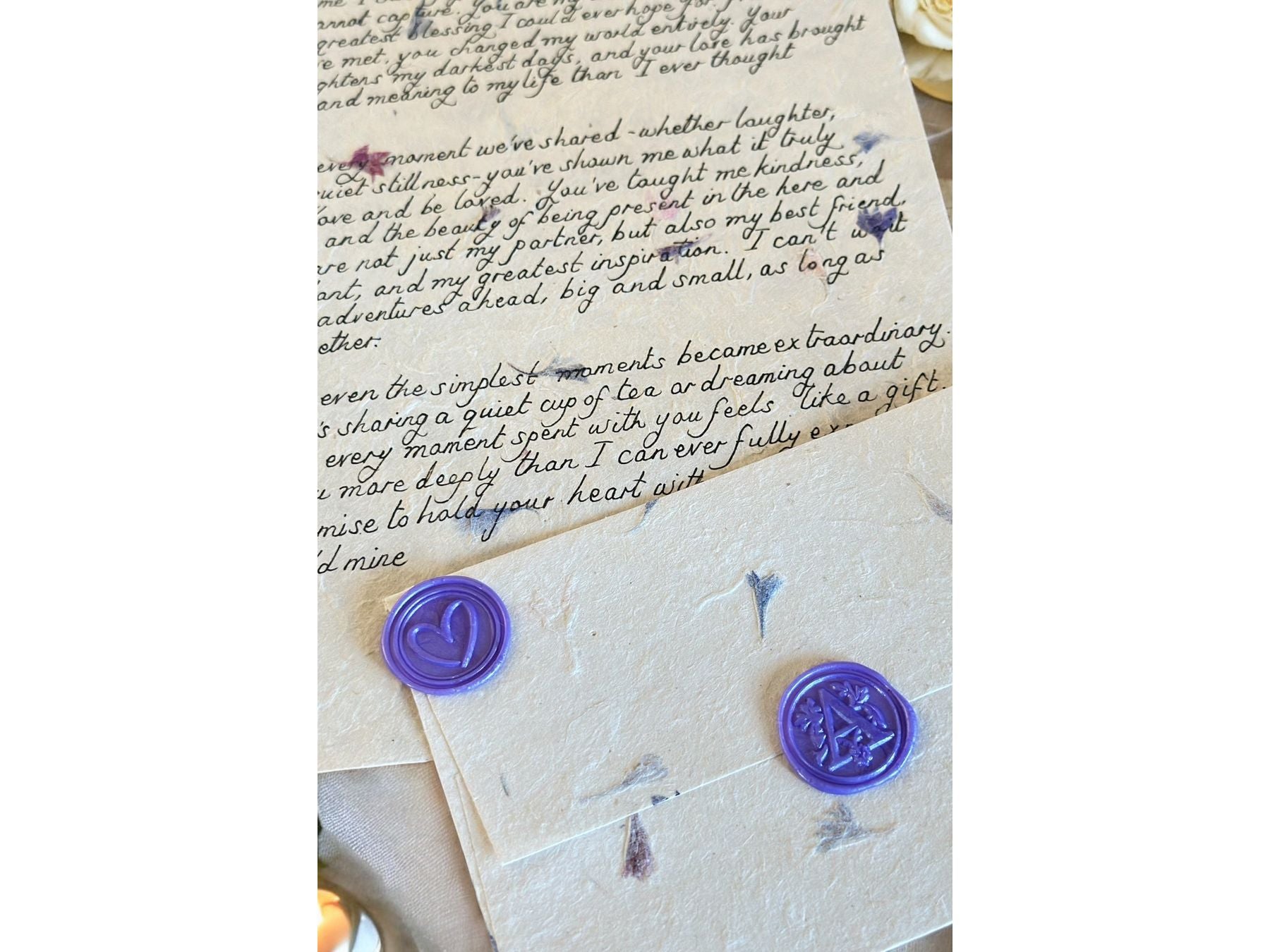 Handwritten Flower Letter A4 with Purple Wax Seal
