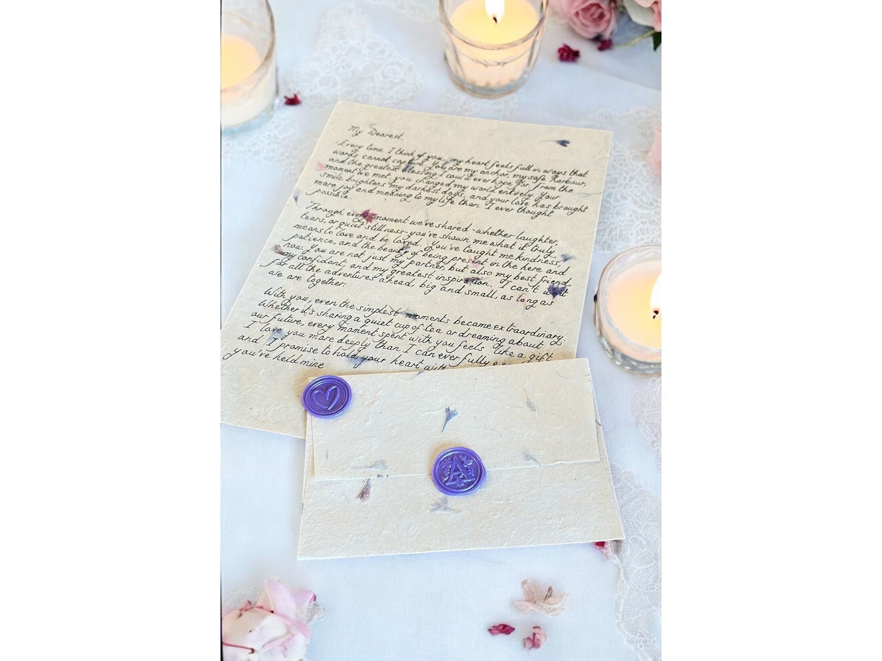 Handwritten Flower Letter A4 with Purple Wax Seal