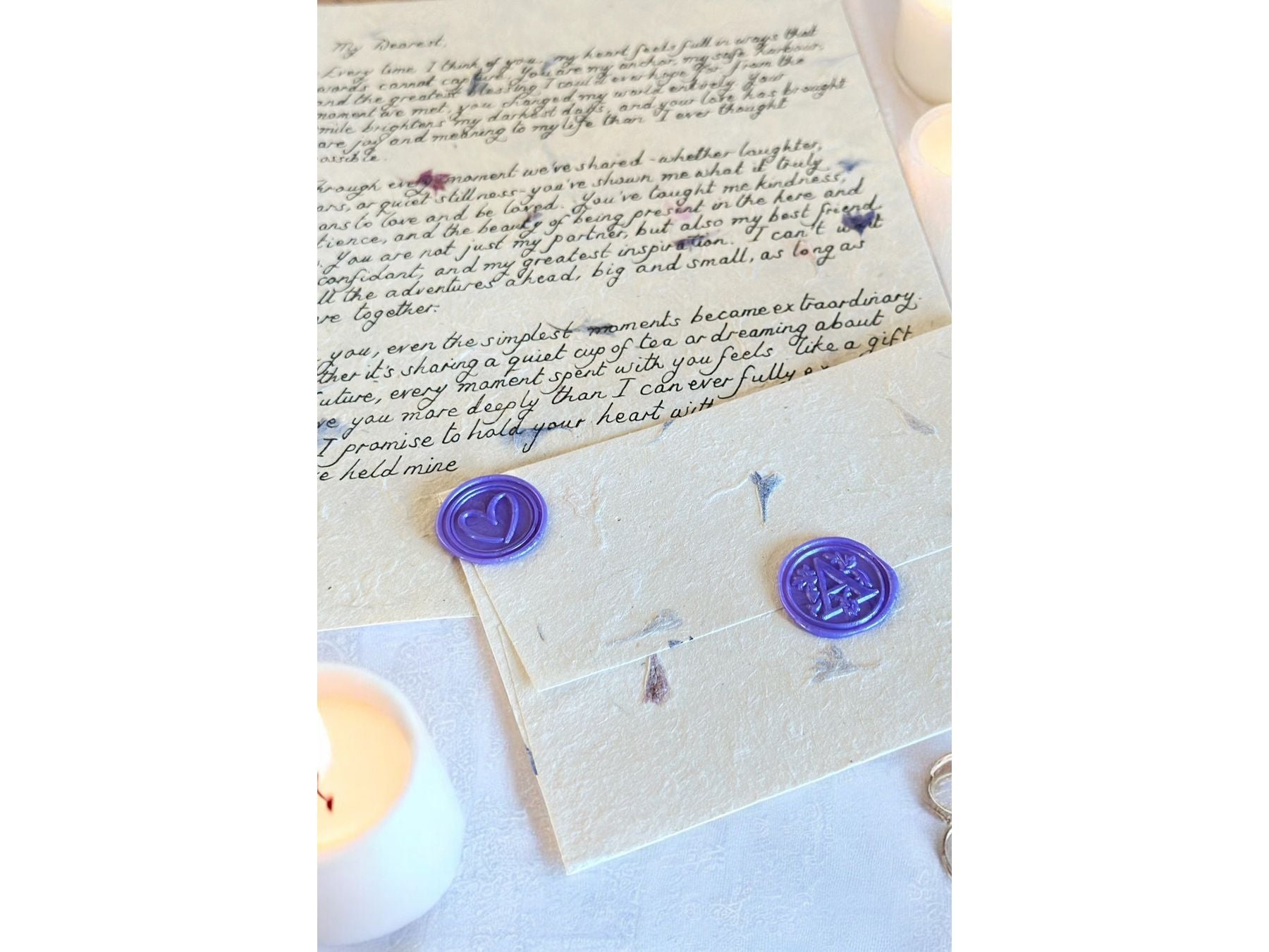 Handwritten Flower Letter A4 with Purple Wax Seal
