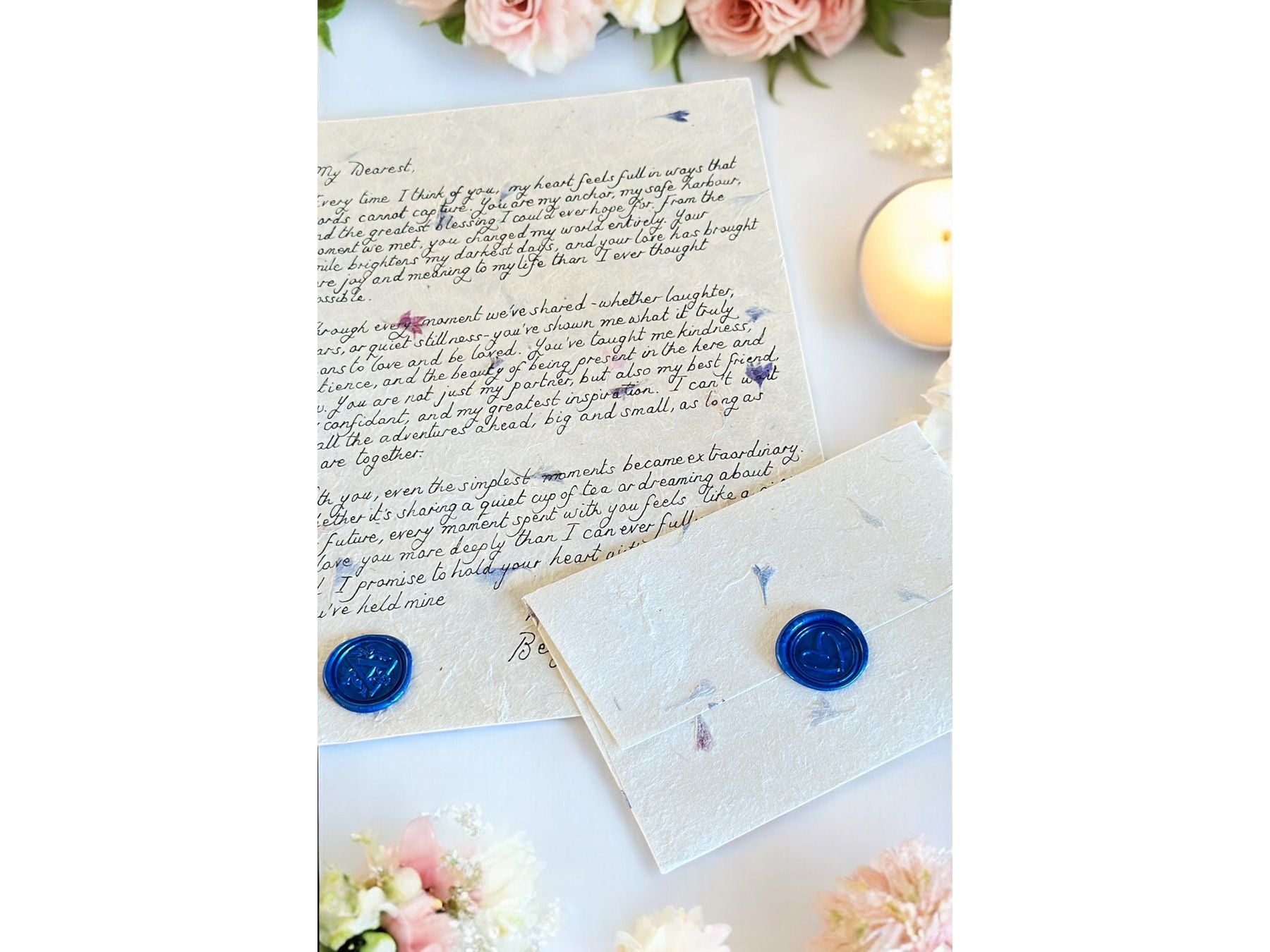 Handwritten Flower Letter A4 with Blue Wax Seal