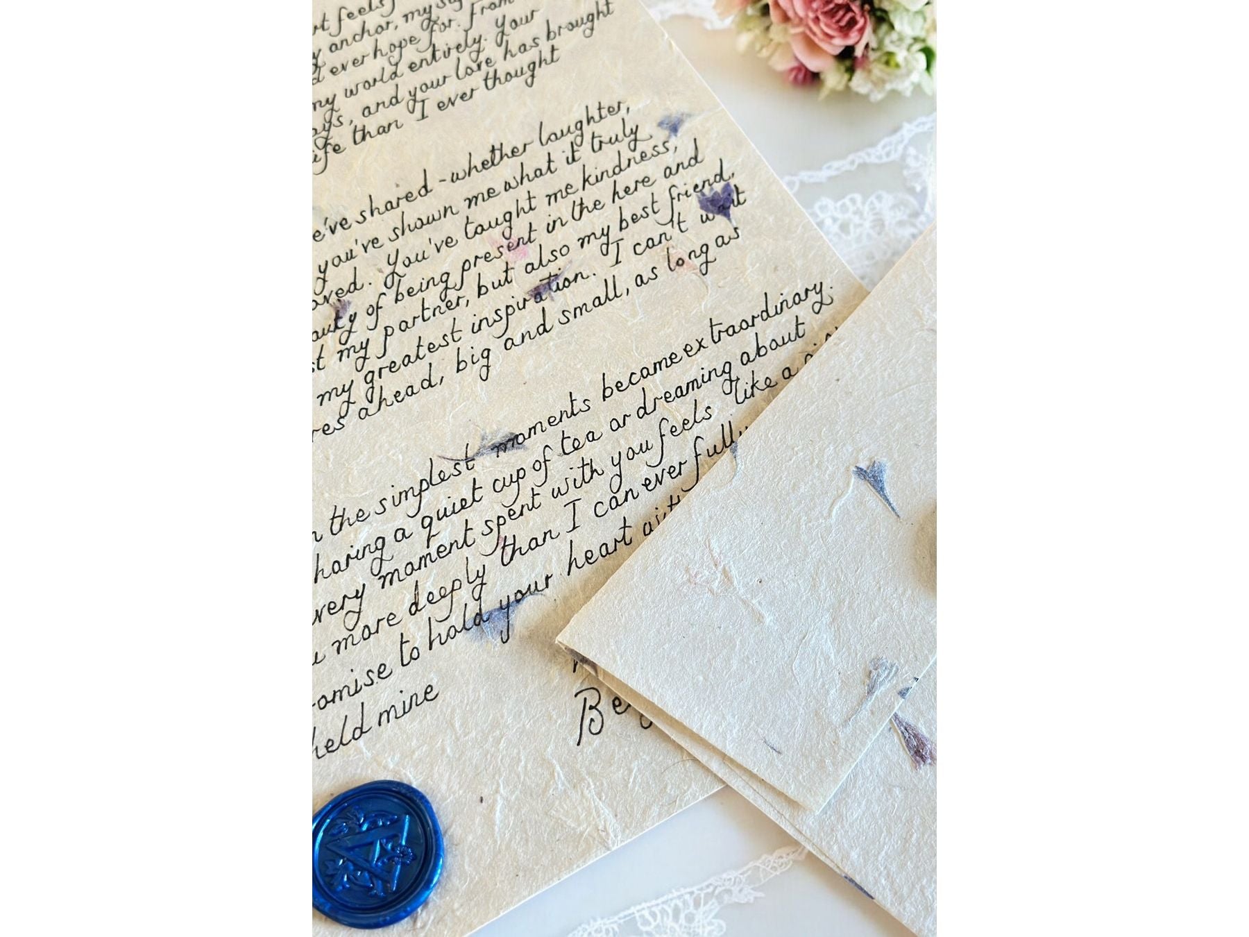 Handwritten Flower Letter A4 with Blue Wax Seal