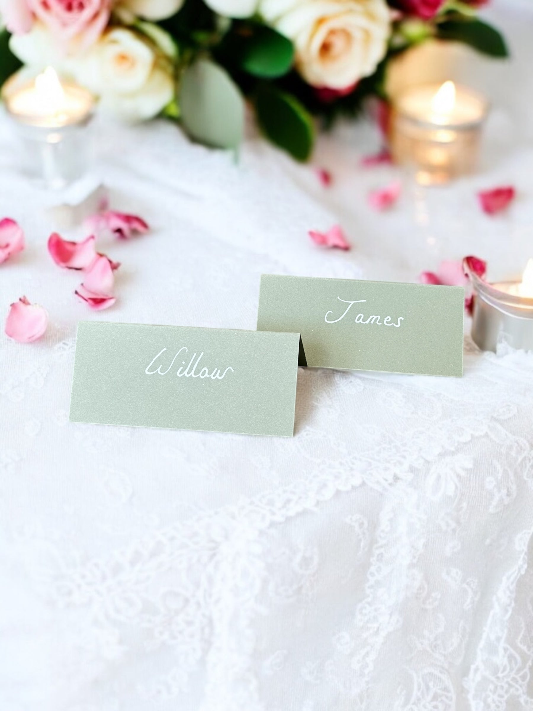 Handwritten Sage Green Wedding Place Cards: White Ink Cursive