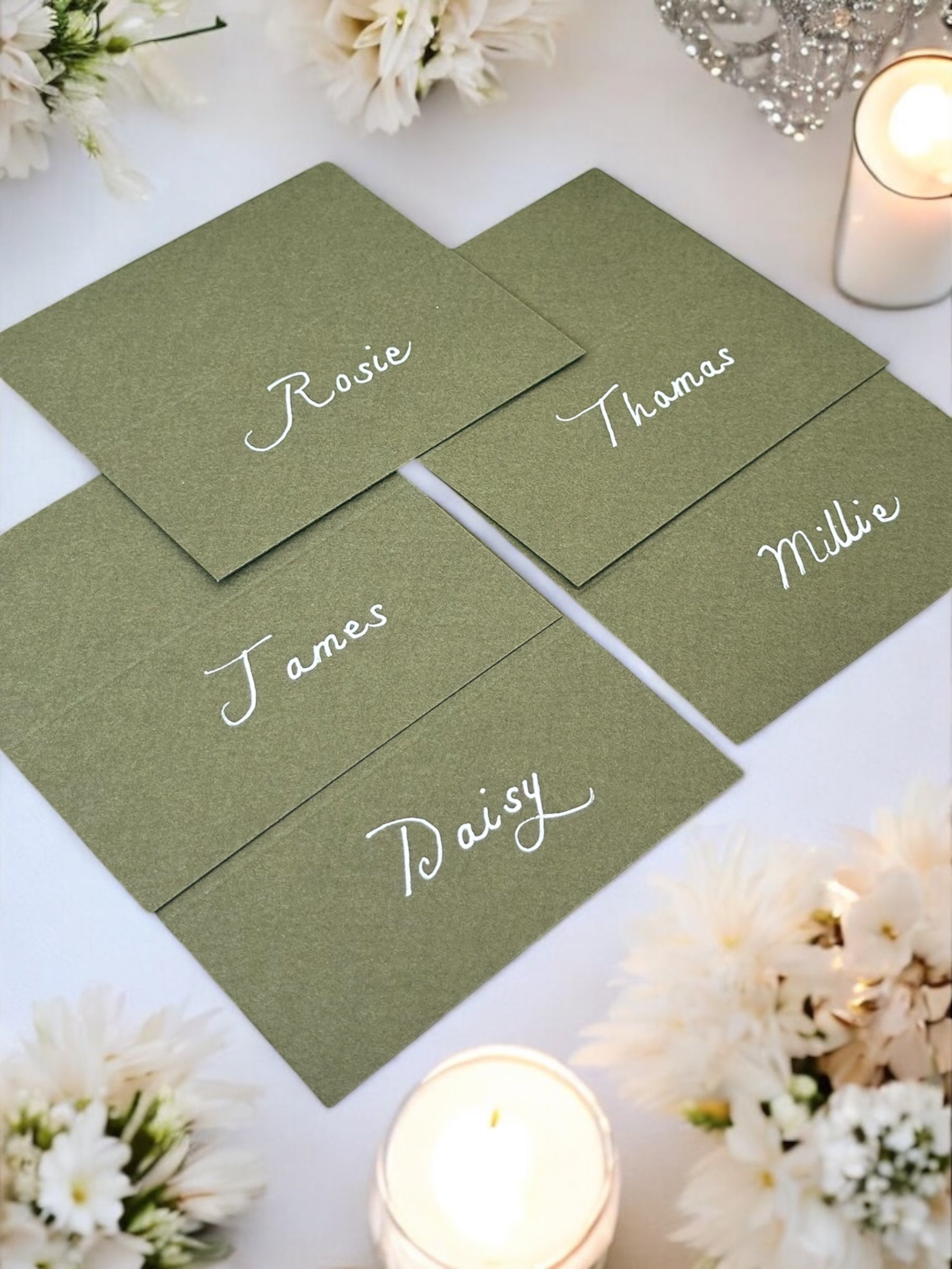 Handwritten Sage Green Wedding Place Cards: White Ink Calligraphy