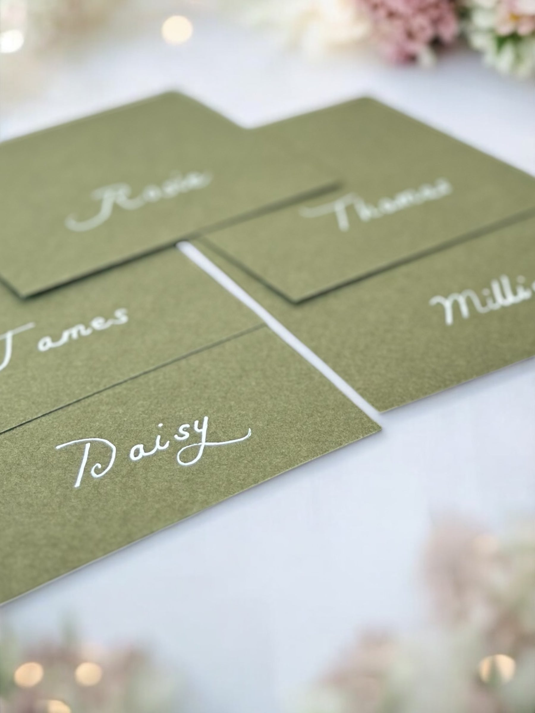 Handwritten Sage Green Wedding Place Cards: White Ink Calligraphy