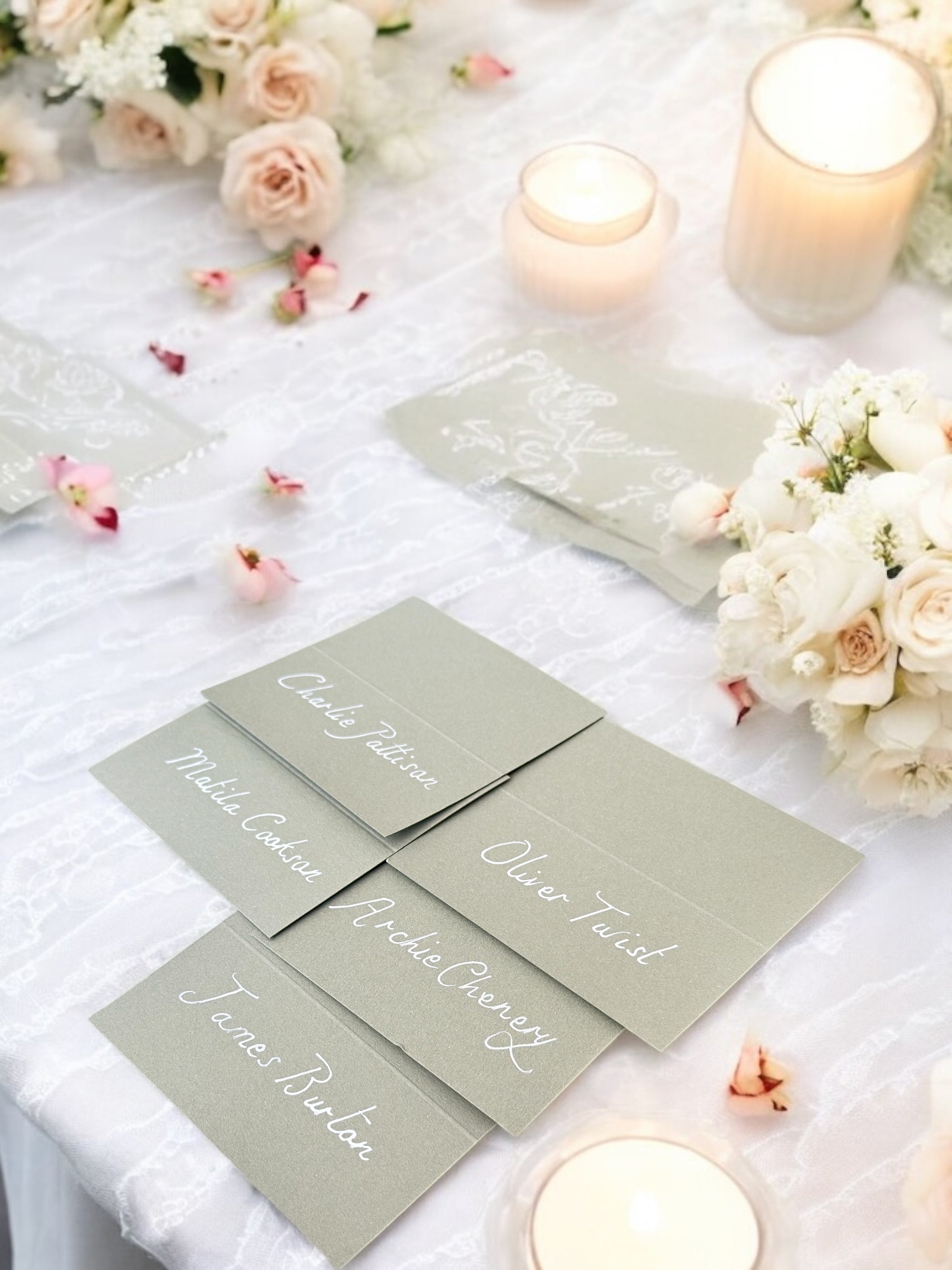 Handwritten Sage Green Wedding Place Cards: White Ink Cursive