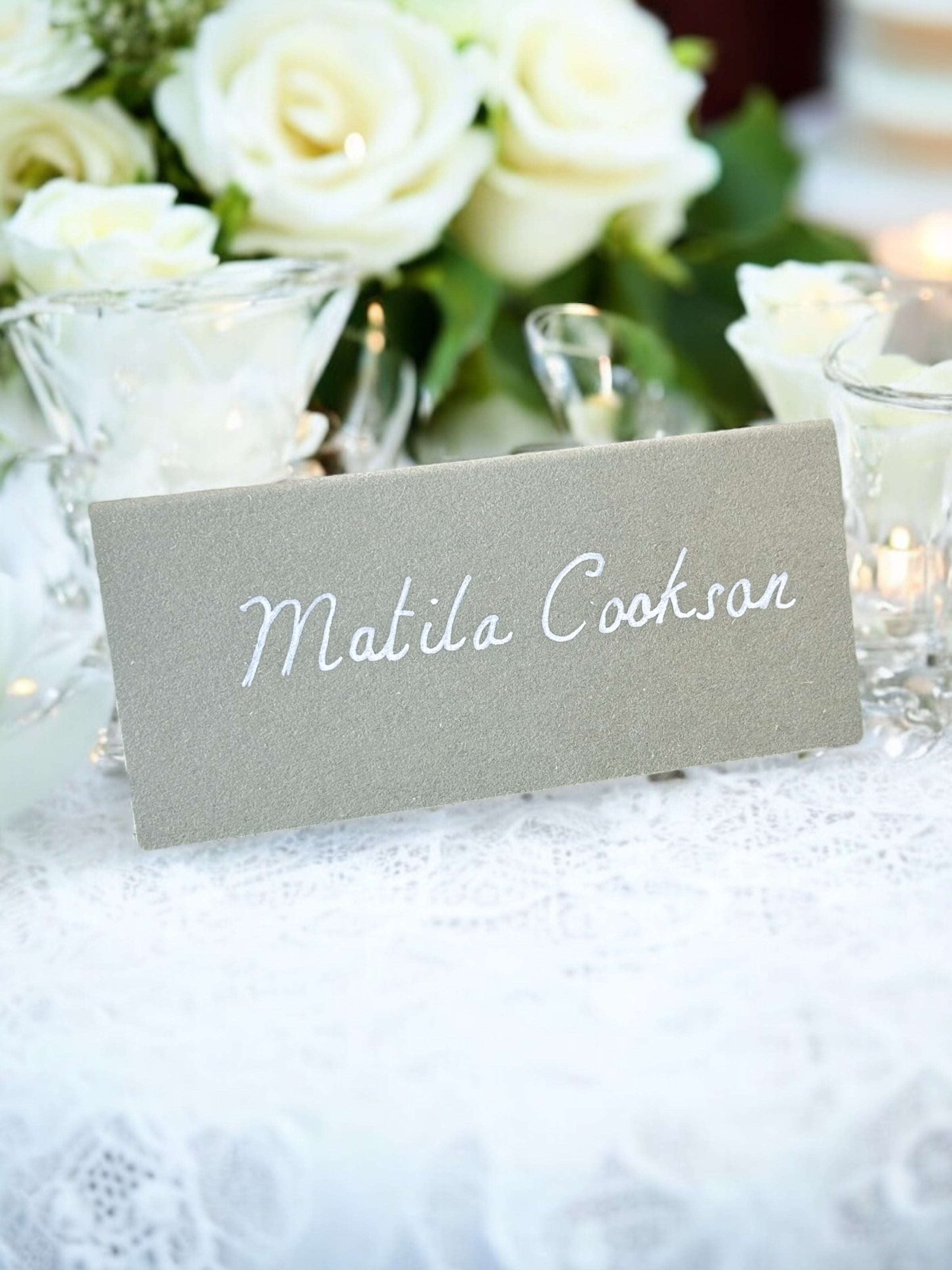 Handwritten Sage Green Wedding Place Cards: White Ink Cursive