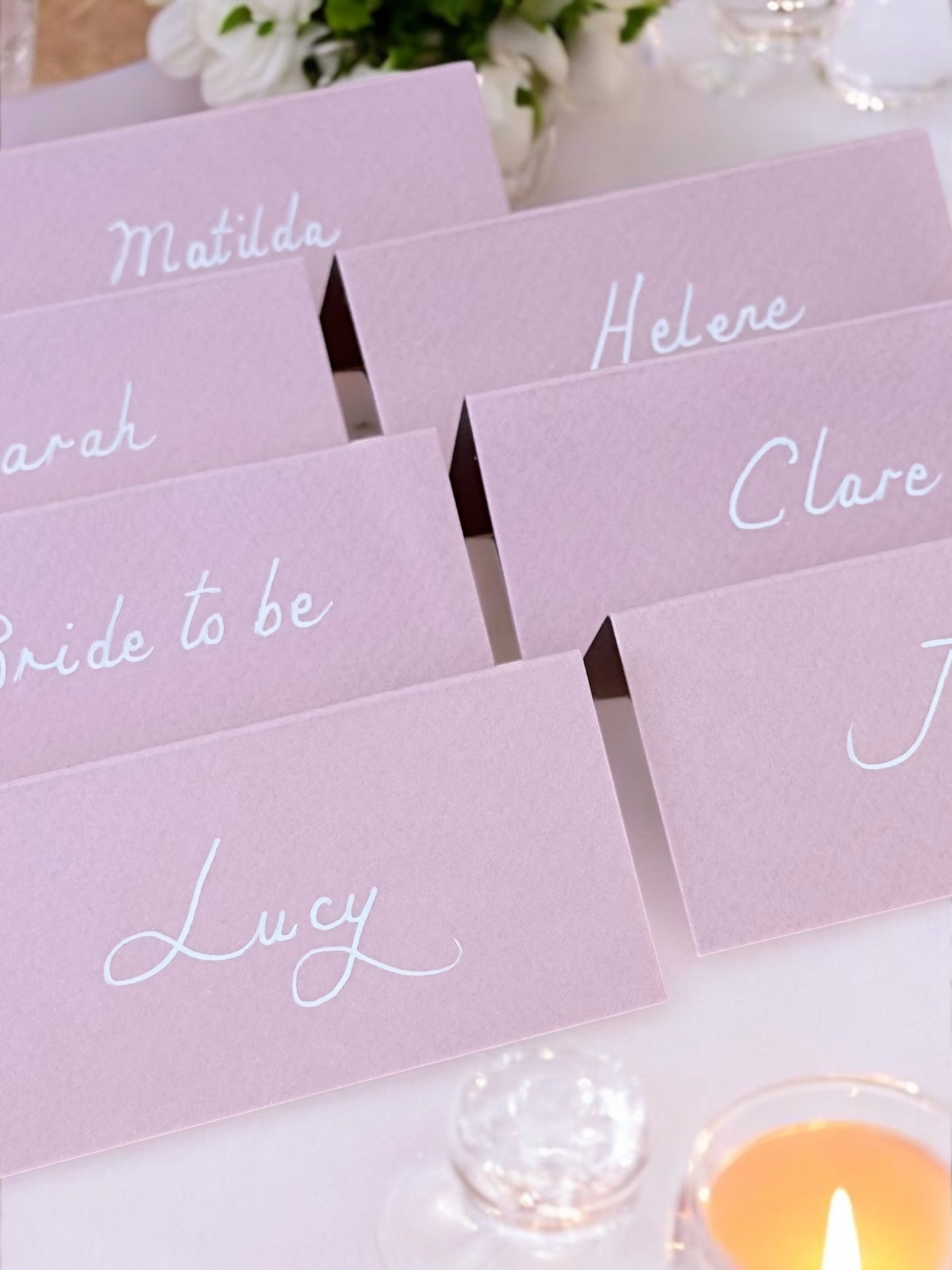 Handwritten Pastel Pink Wedding Place Cards: White Ink