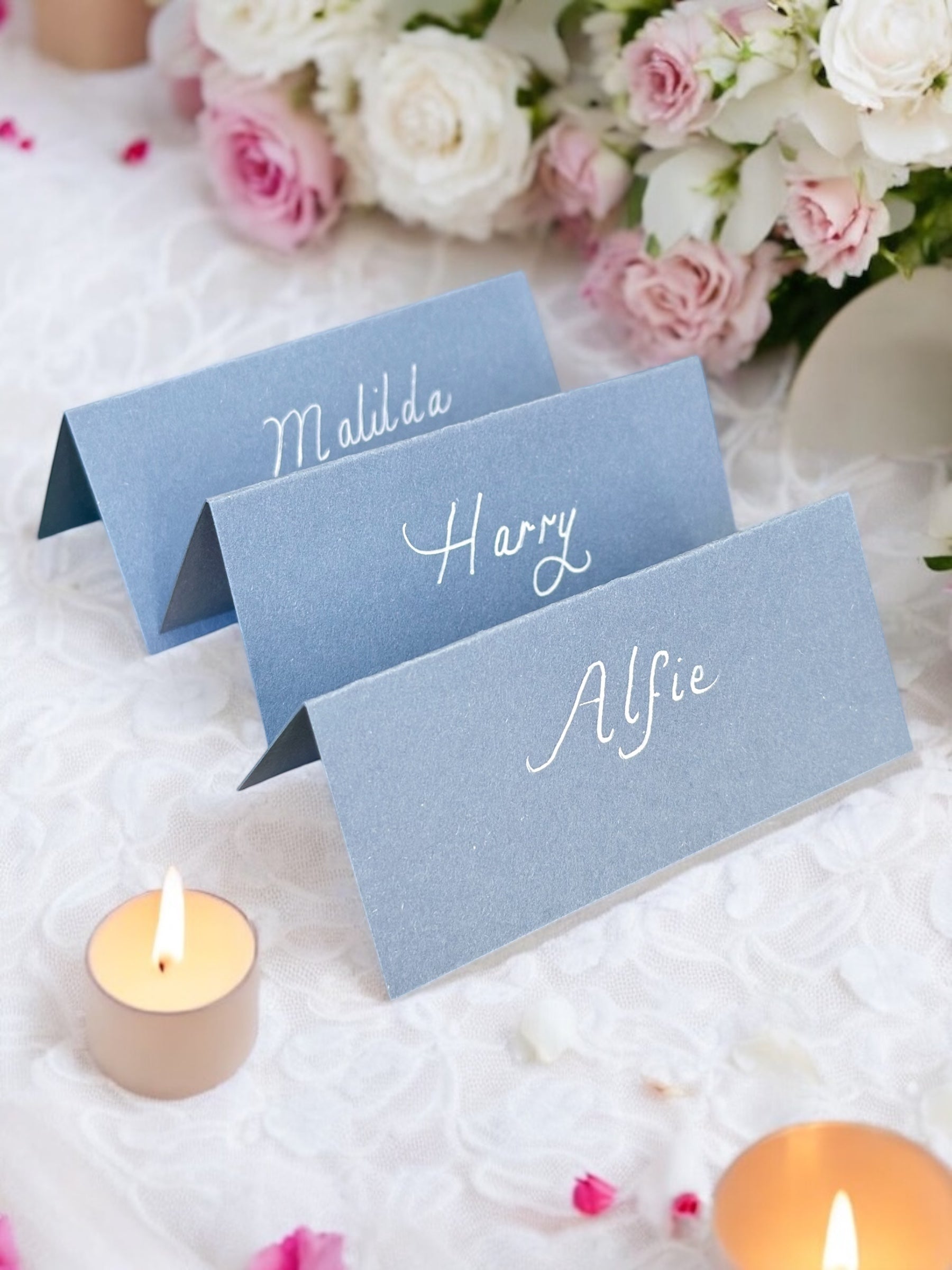 Handwritten Pastel Blue Wedding Place Cards: White Ink