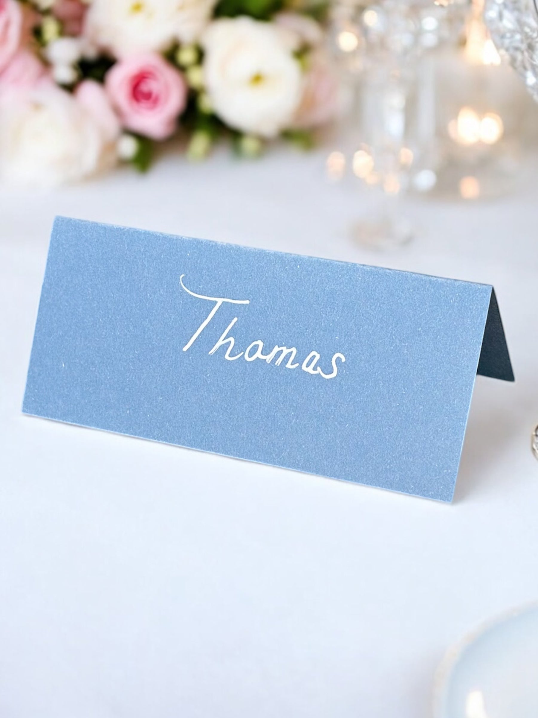 Handwritten Pastel Blue Wedding Place Cards: White Ink