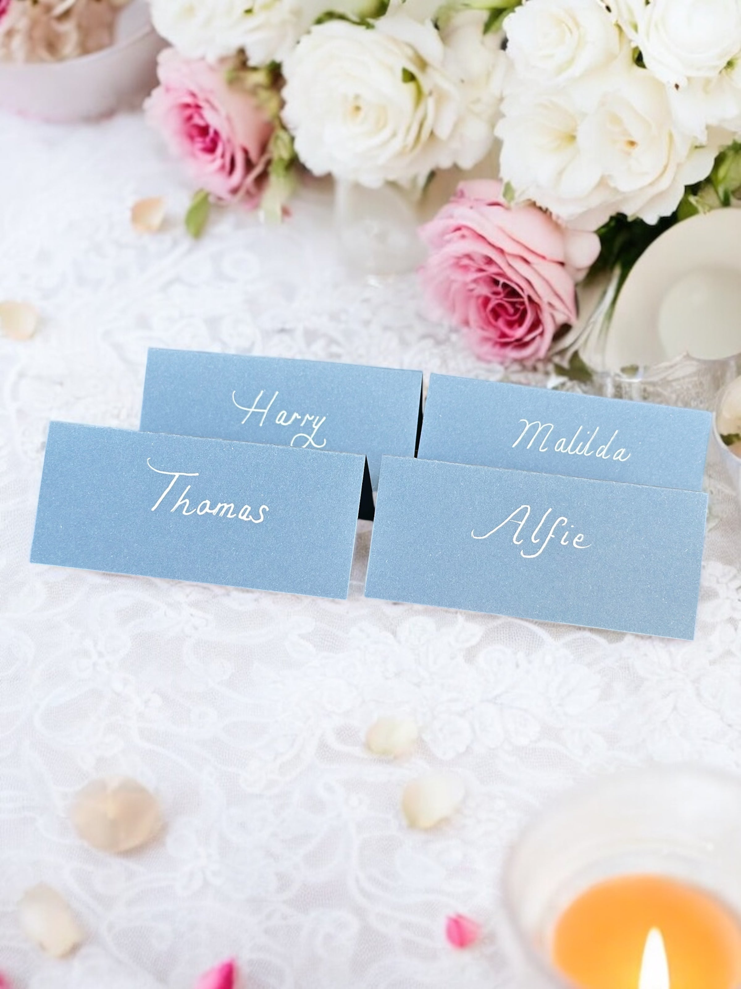Handwritten Pastel Blue Wedding Place Cards: White Ink