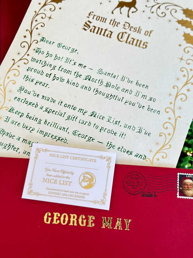 Handwritten Santa letter with wallet-sized Nice List certificate and gold foil detail