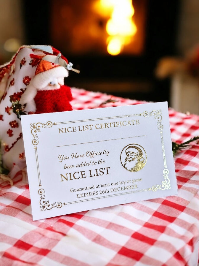 Wallet-sized Nice List certificate from Father Christmas with gold foil border