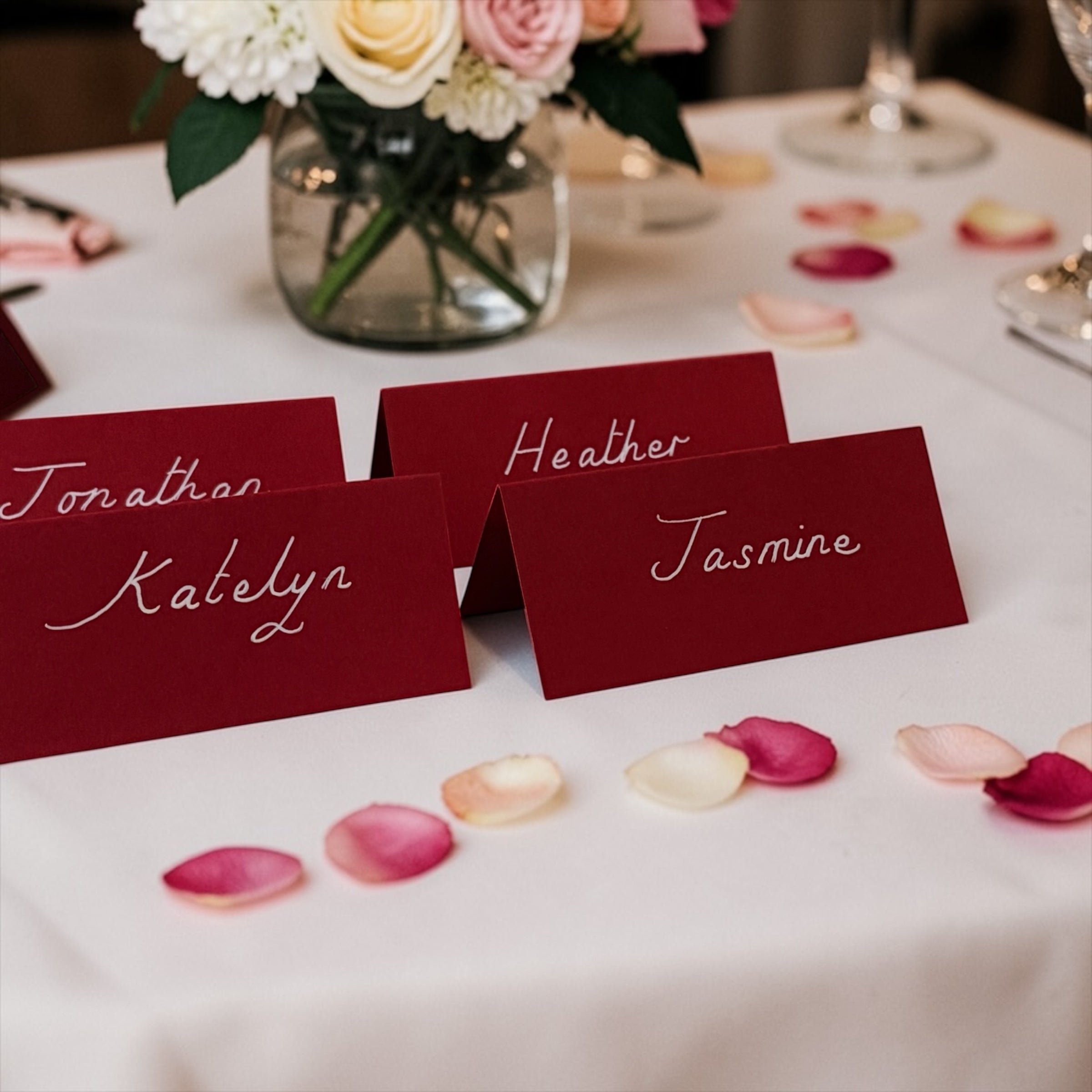 Handwritten Red Place Cards with White Ink