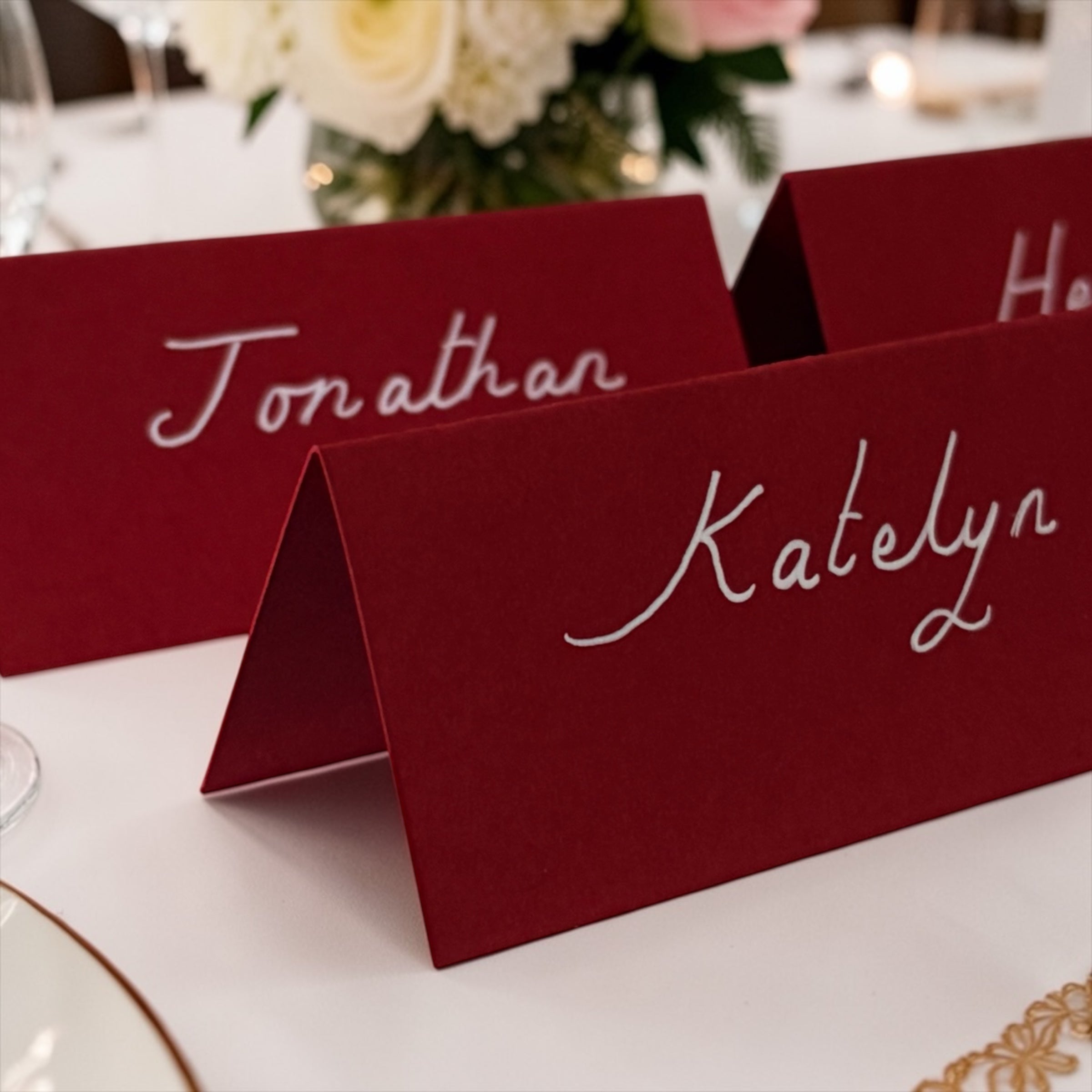 Handwritten Red Place Cards with White Ink