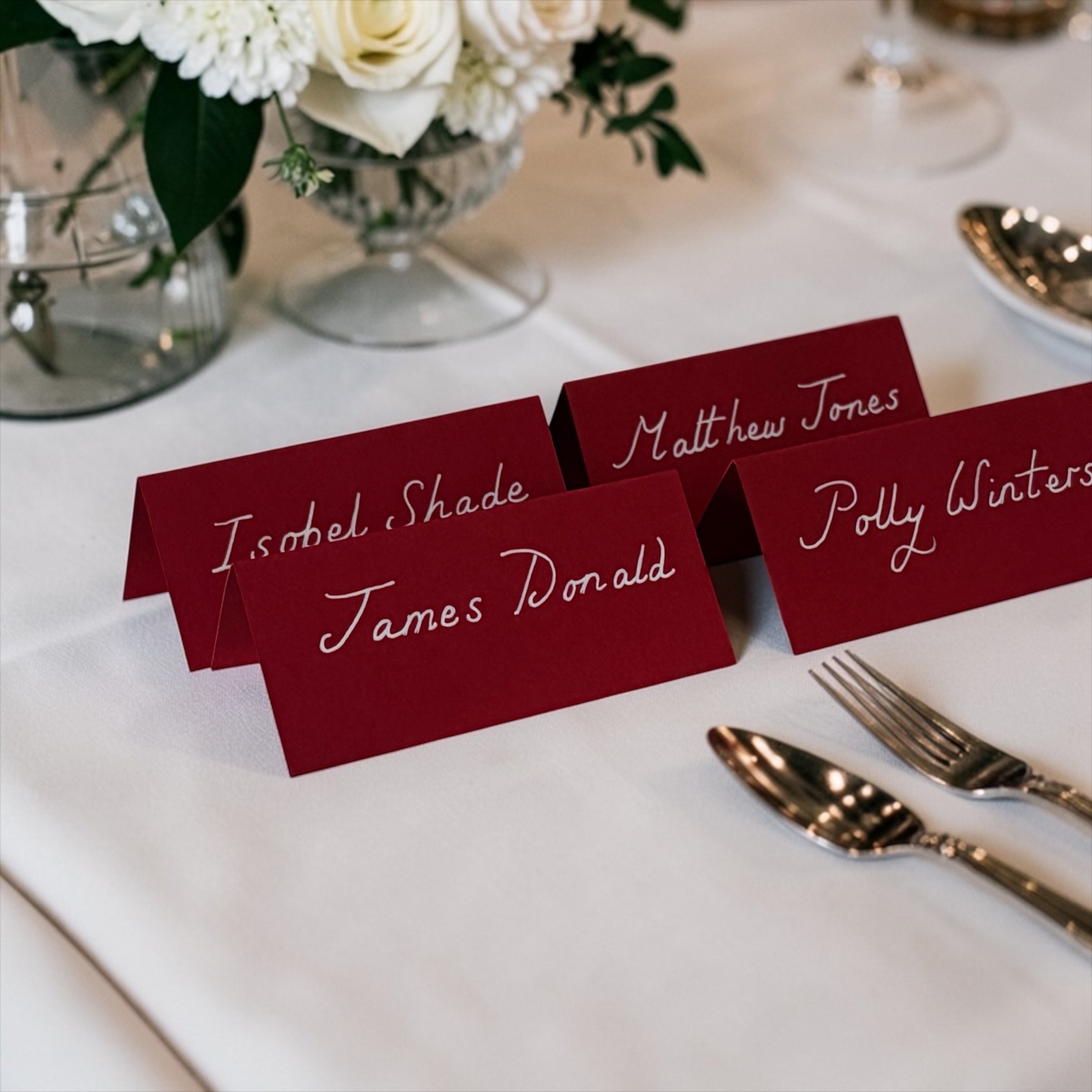 Handwritten Red Place Cards with White Ink