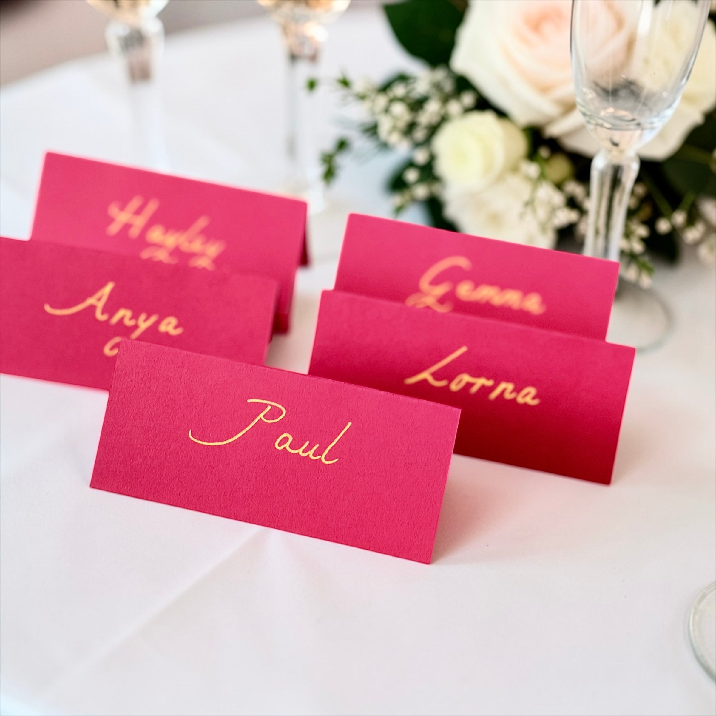 Handwritten Red Place Cards with Gold Ink