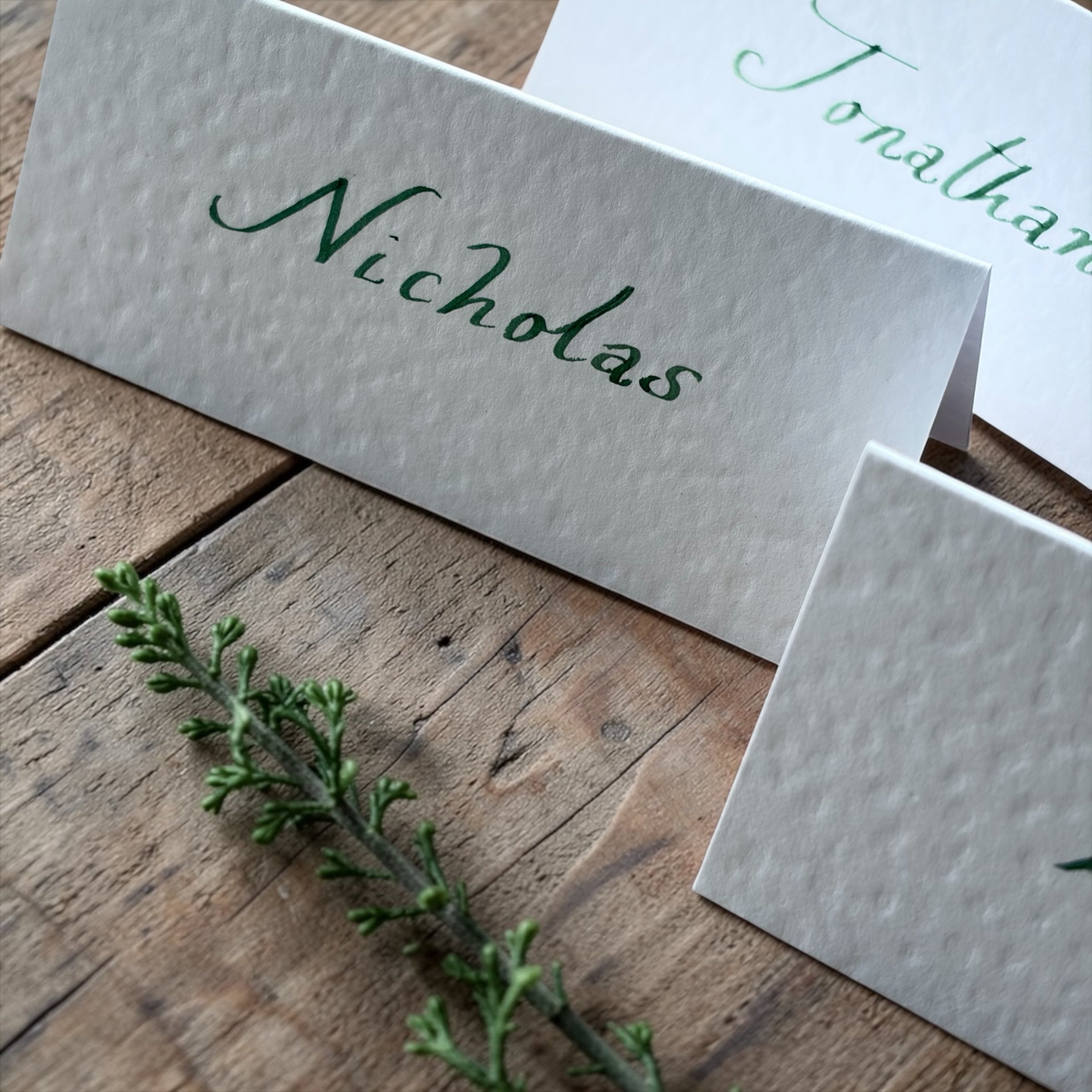 Handwritten White Wedding Place Cards: Emerald Green Ink Cursive