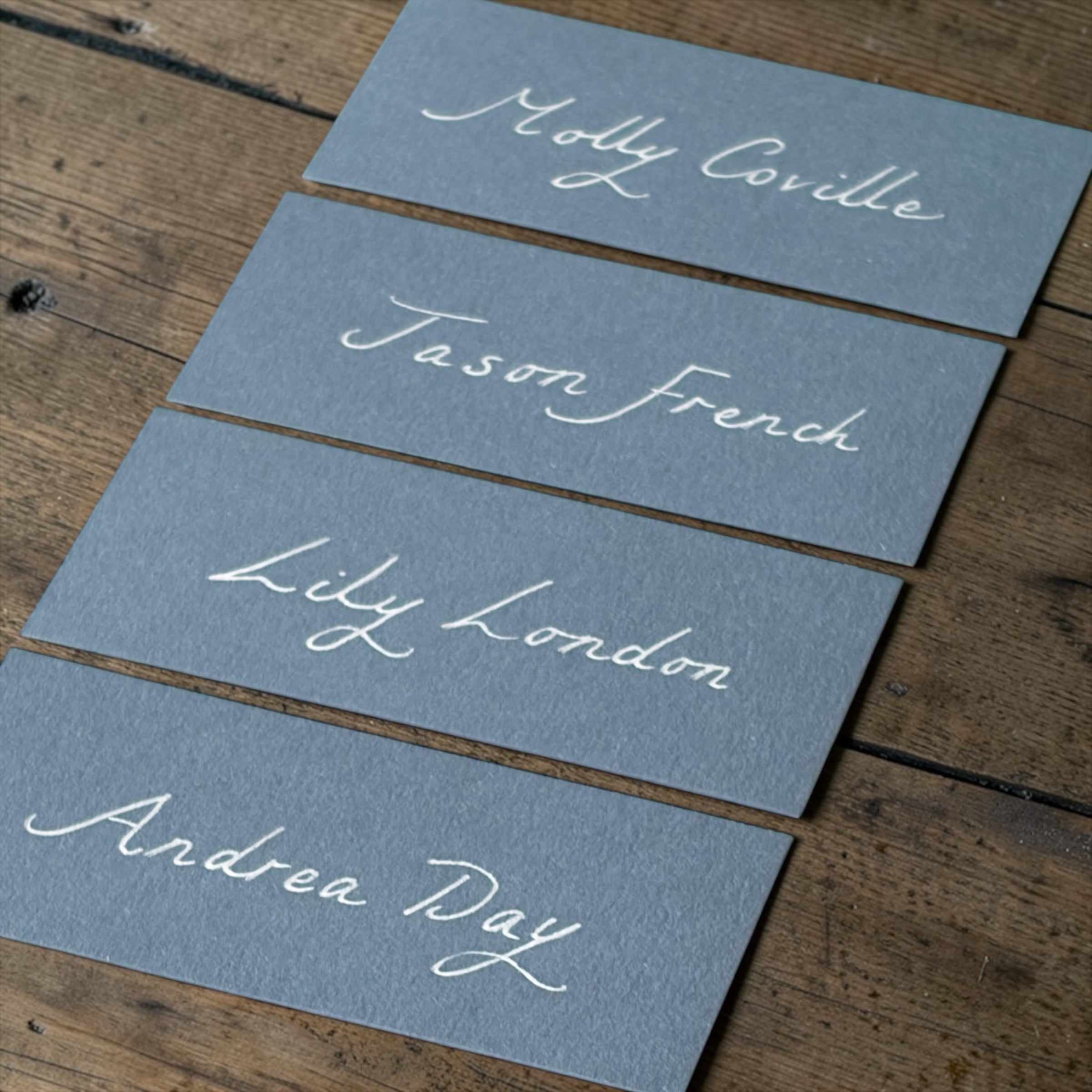 Handwritten Flat Pastel Blue Wedding Place Cards: White Ink