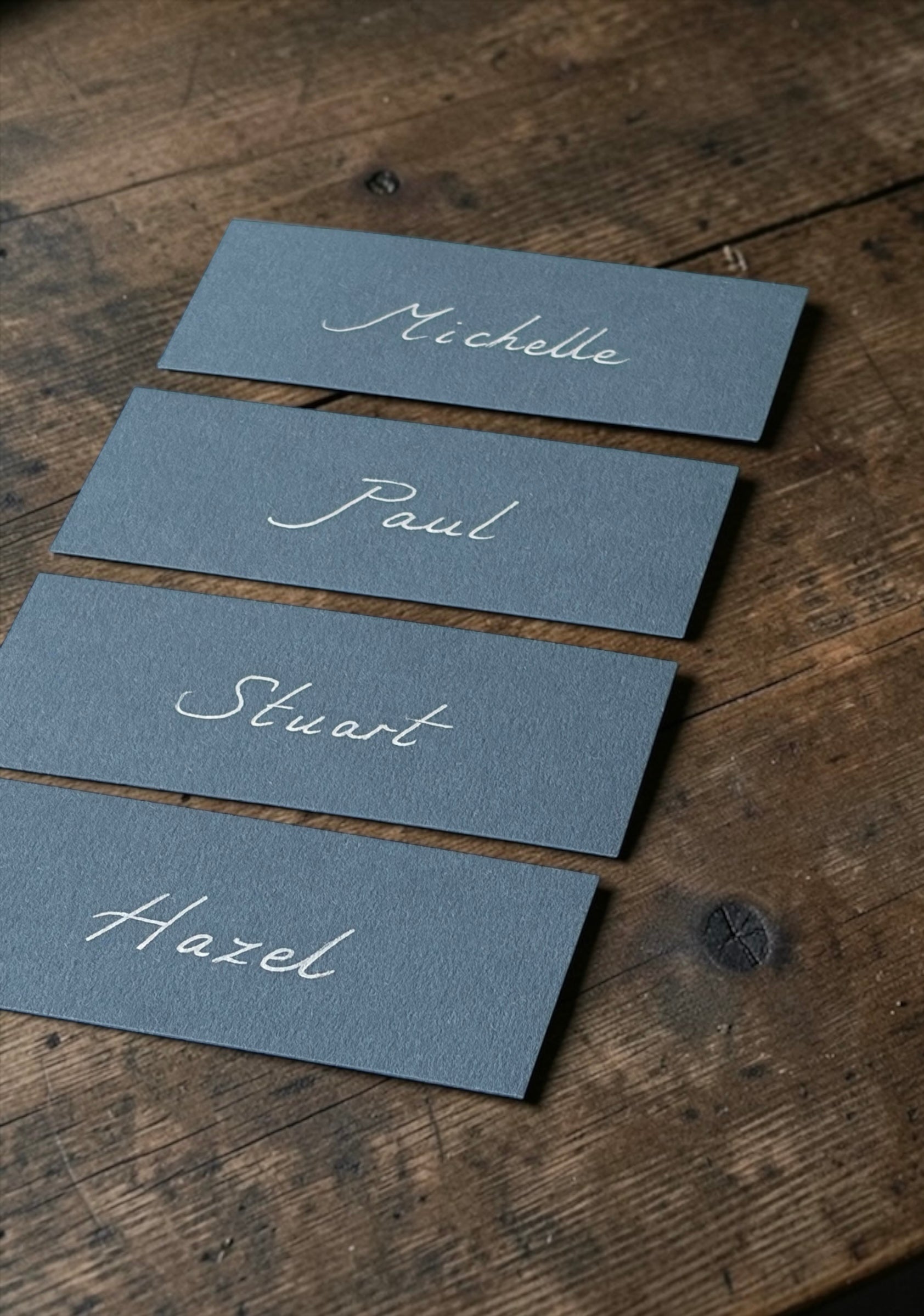 Handwritten Flat Pastel Blue Wedding Place Cards: White Ink