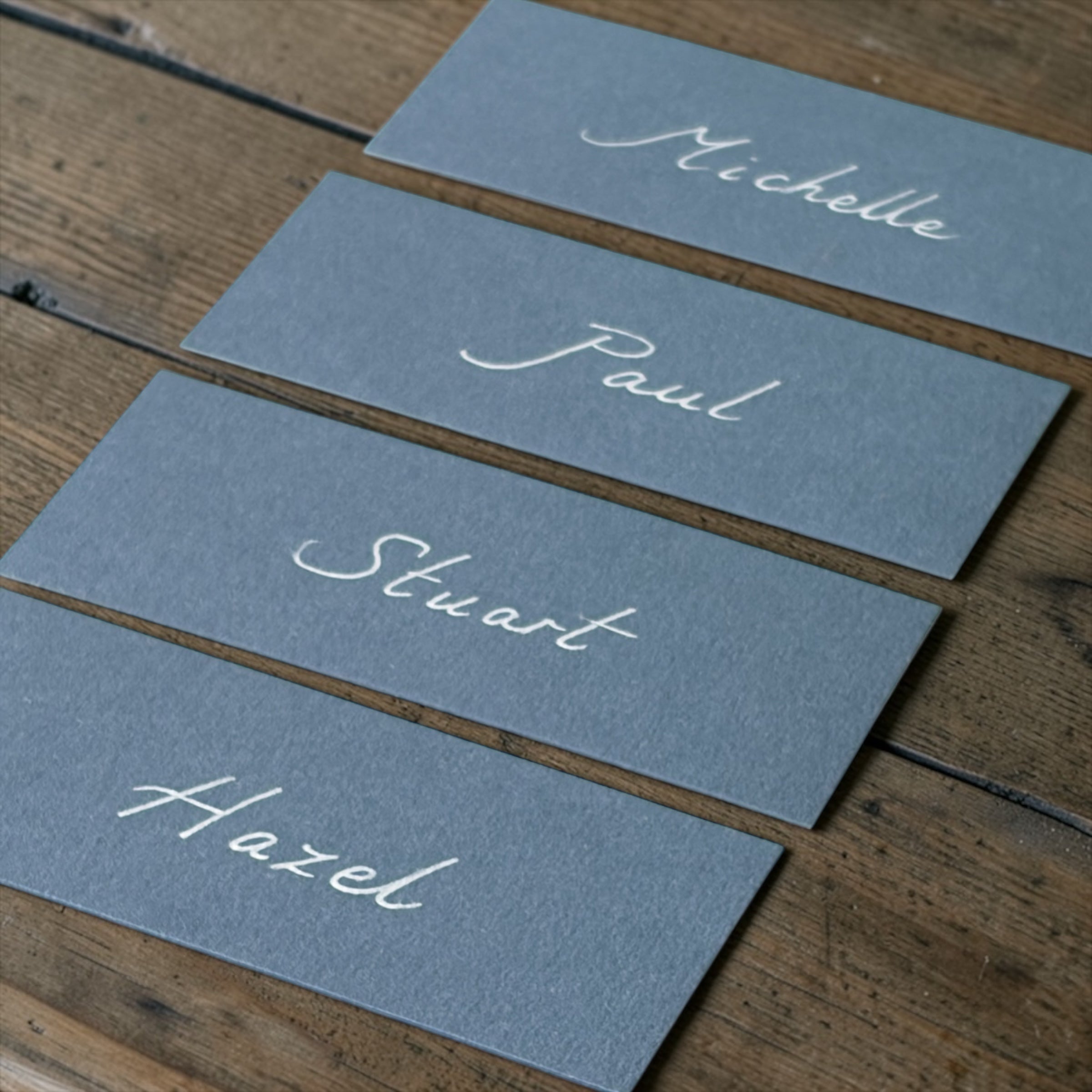 Handwritten Flat Pastel Blue Wedding Place Cards: White Ink
