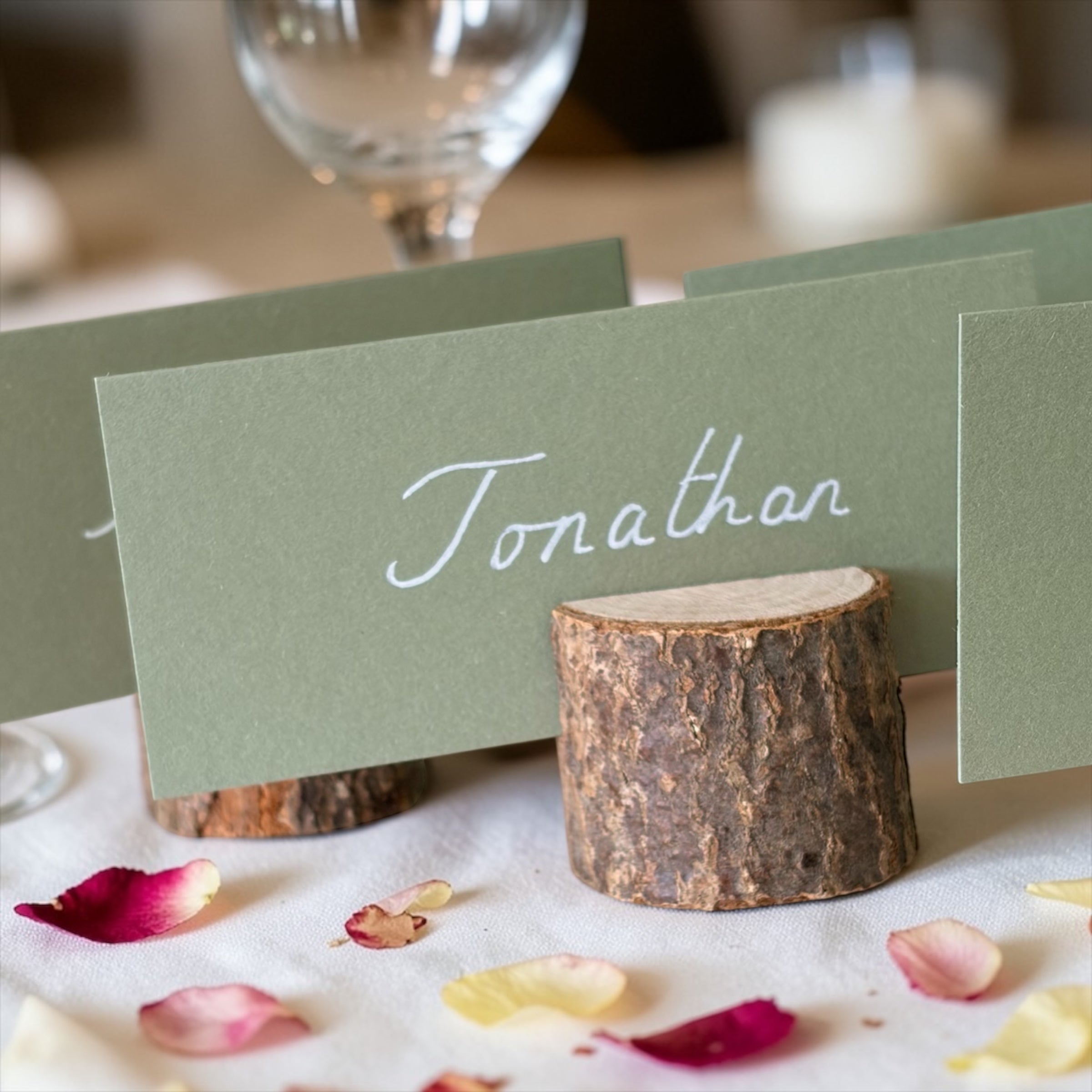 Handwritten Flat Sage Green Wedding Place Cards with Rustic Wooden Stand