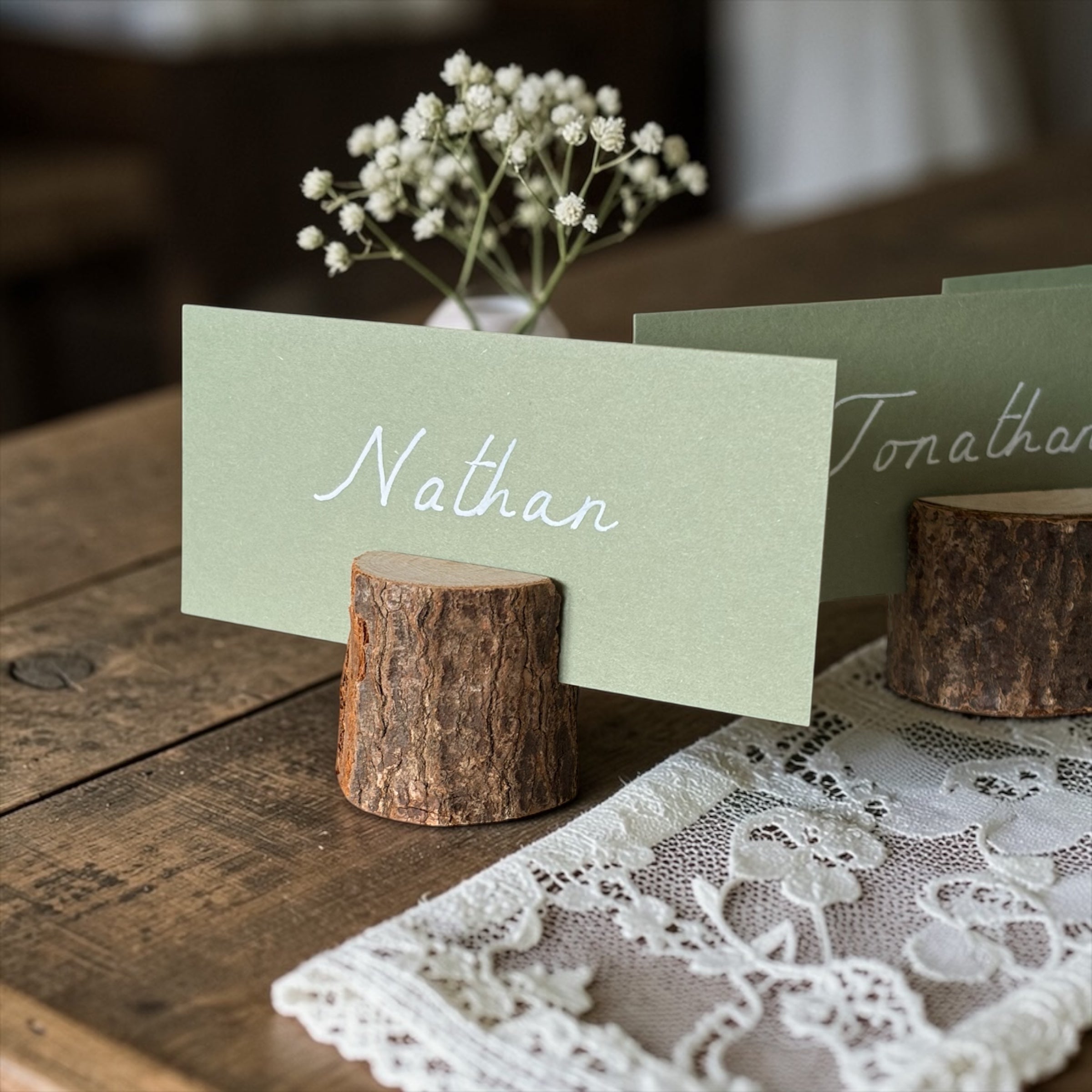 Handwritten Flat Sage Green Wedding Place Cards with Rustic Wooden Stand