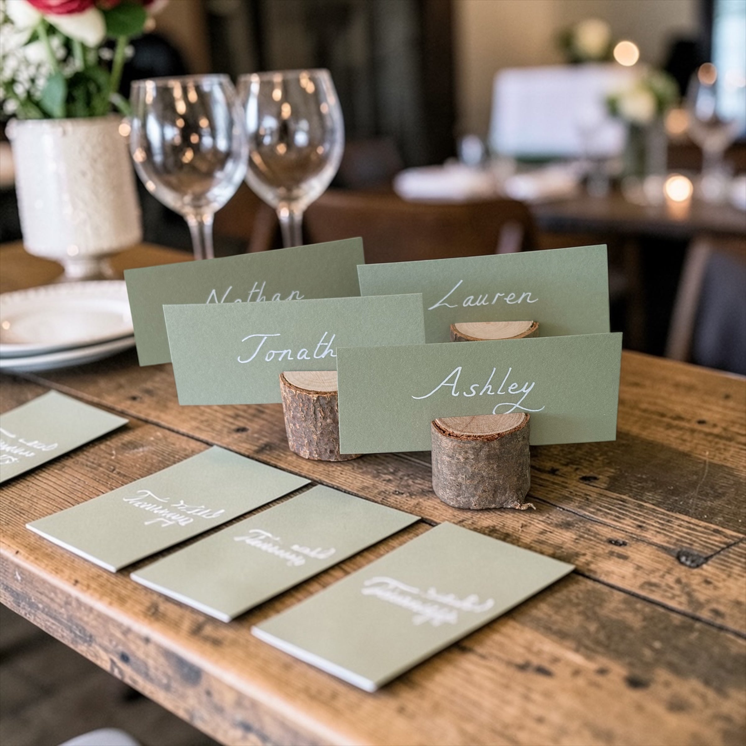 Handwritten Flat Sage Green Wedding Place Cards with Rustic Wooden Stand