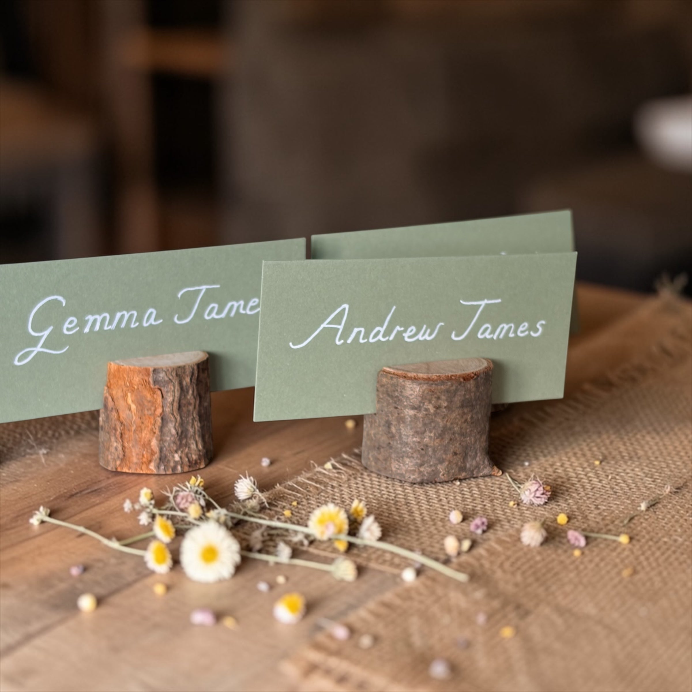 Handwritten Flat Sage Green Wedding Place Cards with Rustic Wooden Stand