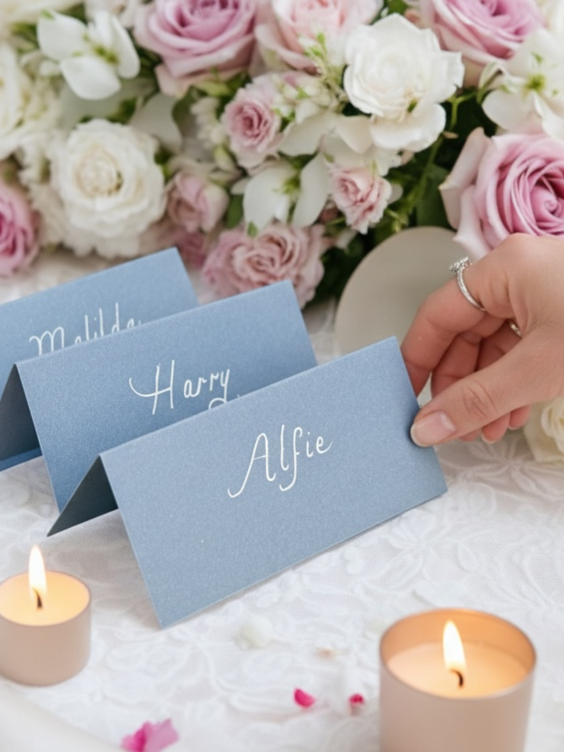 Handwritten Pastel Blue Wedding Place Cards: White Ink