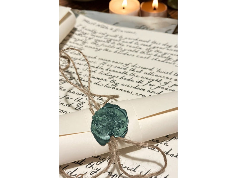 Handwritten Vintage Scroll with Twine and Green Wax Seal
