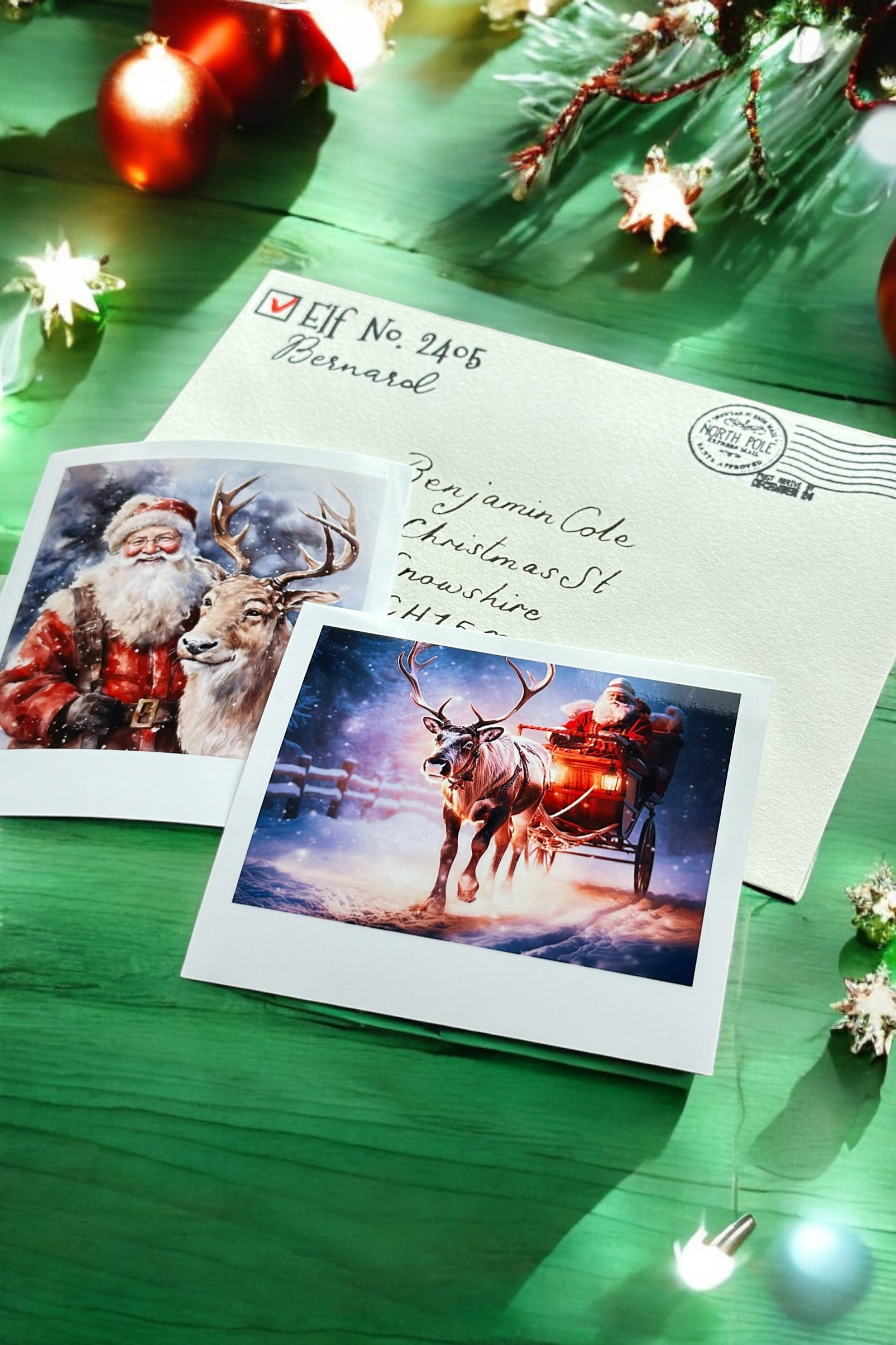 Handwritten Santa letter envelope with Polaroid photos from Father Christmas and reindeer sleigh