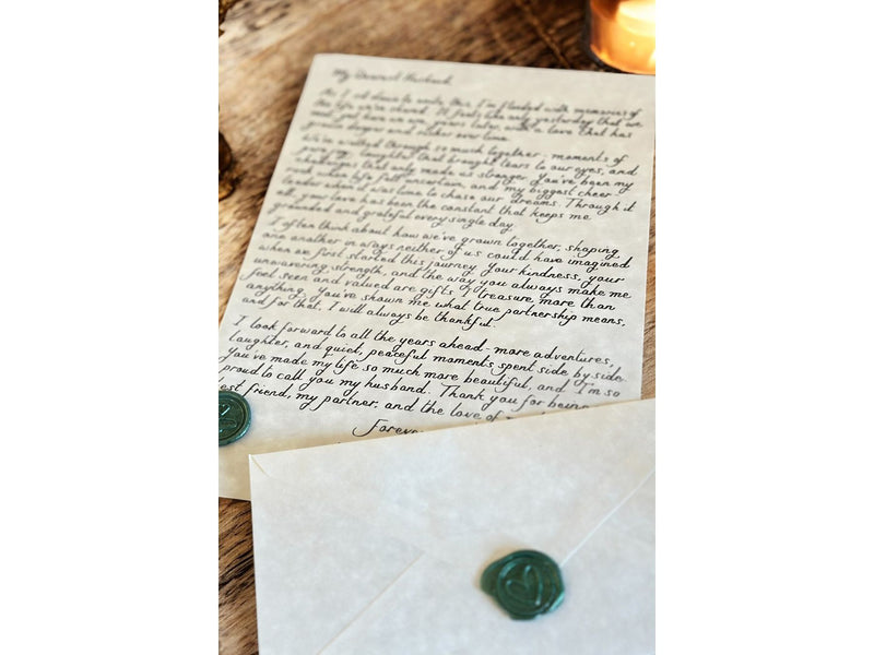 Handwritten A4 Parchment Letter with Green Wax Seal