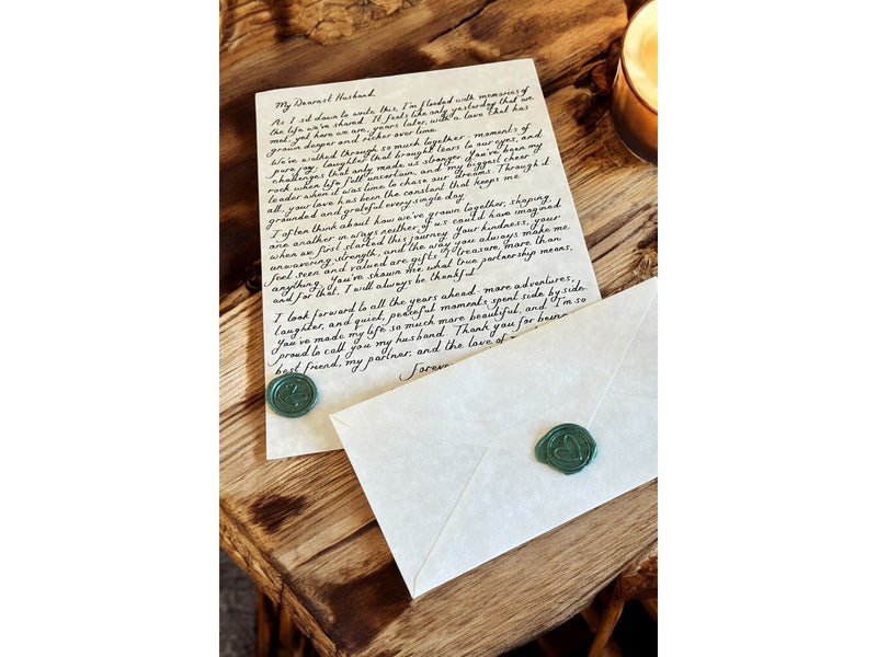 Handwritten A4 Parchment Letter with Green Wax Seal