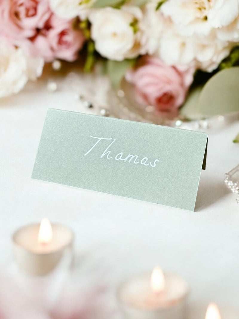 Handwritten Sage Green Wedding Place Cards: White Ink Calligraphy