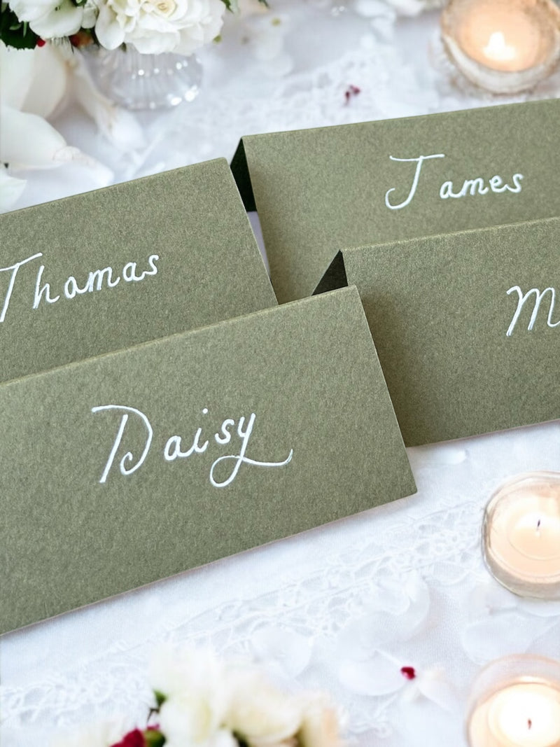 Handwritten Sage Green Wedding Place Cards: White Ink Calligraphy