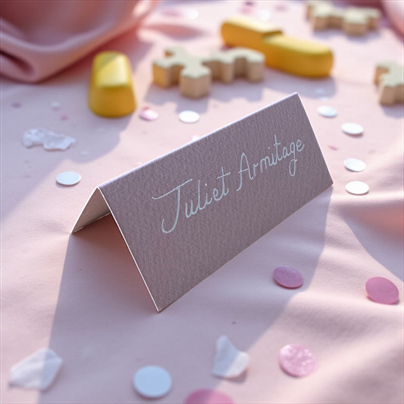 Handwritten Pastel Pink Wedding Place Cards: White Ink