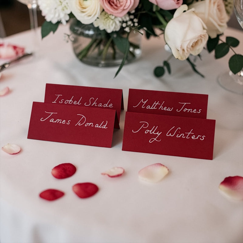 Handwritten Red Place Cards with White Ink