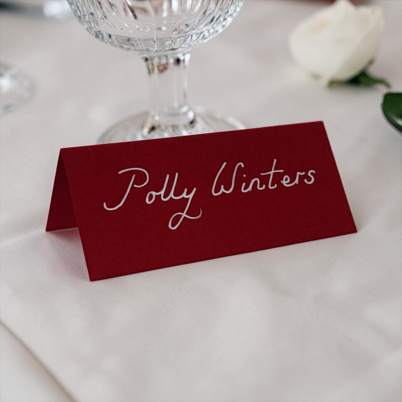 Handwritten Red Place Cards with White Ink