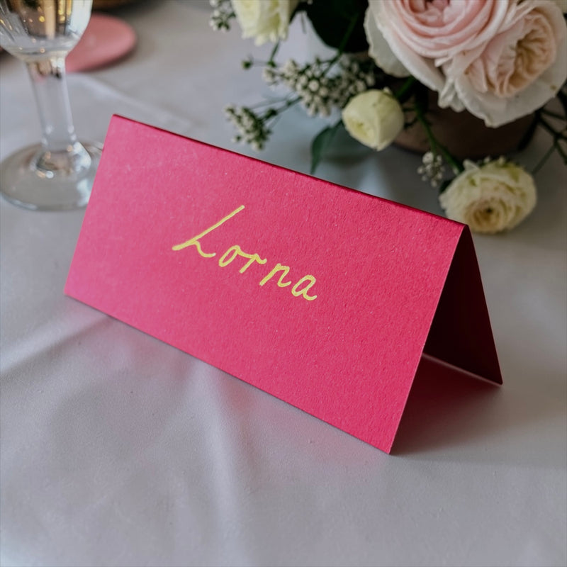 Handwritten Red Place Cards with Gold Ink