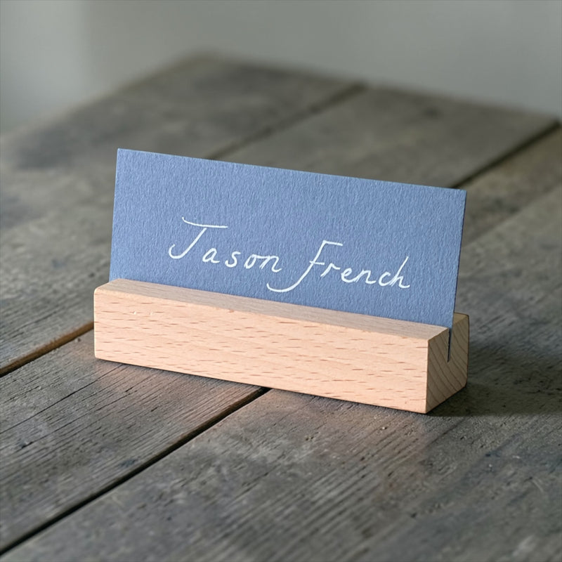 Handwritten Flat Pastel Blue Wedding Place Cards: White Ink