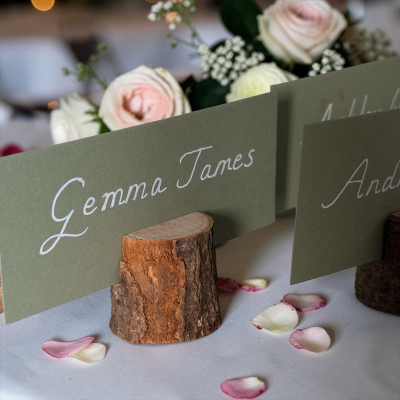 Handwritten Flat Sage Green Wedding Place Cards with Rustic Wooden Stand
