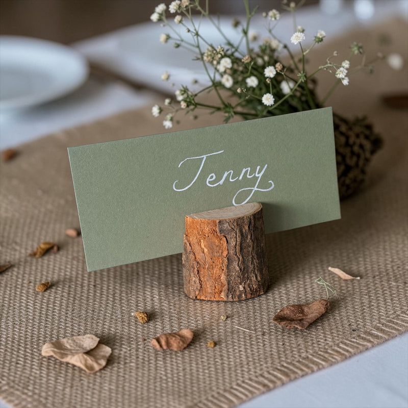 Handwritten Flat Sage Green Wedding Place Cards with Rustic Wooden Stand